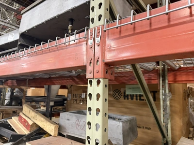 (2) sections of Teardrop style pallet racking, includes (3) 42" deep x 16' tall uprights, (16) 12' c...