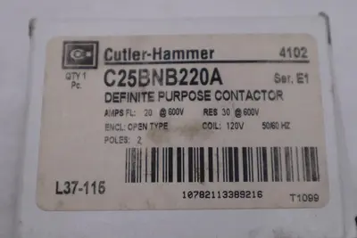 Eaton C25bnb220a Cutler-Hammer 120Vac Non-Reversing Definite Purpose Contactor
