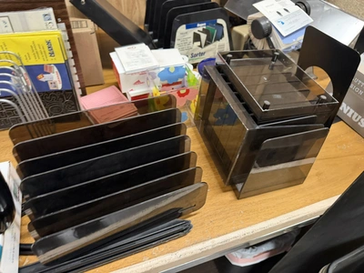 (1) 80" wooden desk with contents, includes paper shredder, paper organizers, Rolodex cards, coffee ...