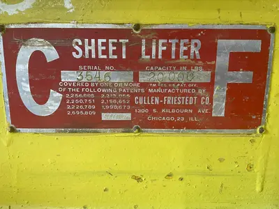 20,000 LB X 84" X 32" TO 62" WIDE CF CULLEN FRIESTEDT ADJUSTABLE PARALLELOGRAM SHEET LIFTER: STOCK #14945