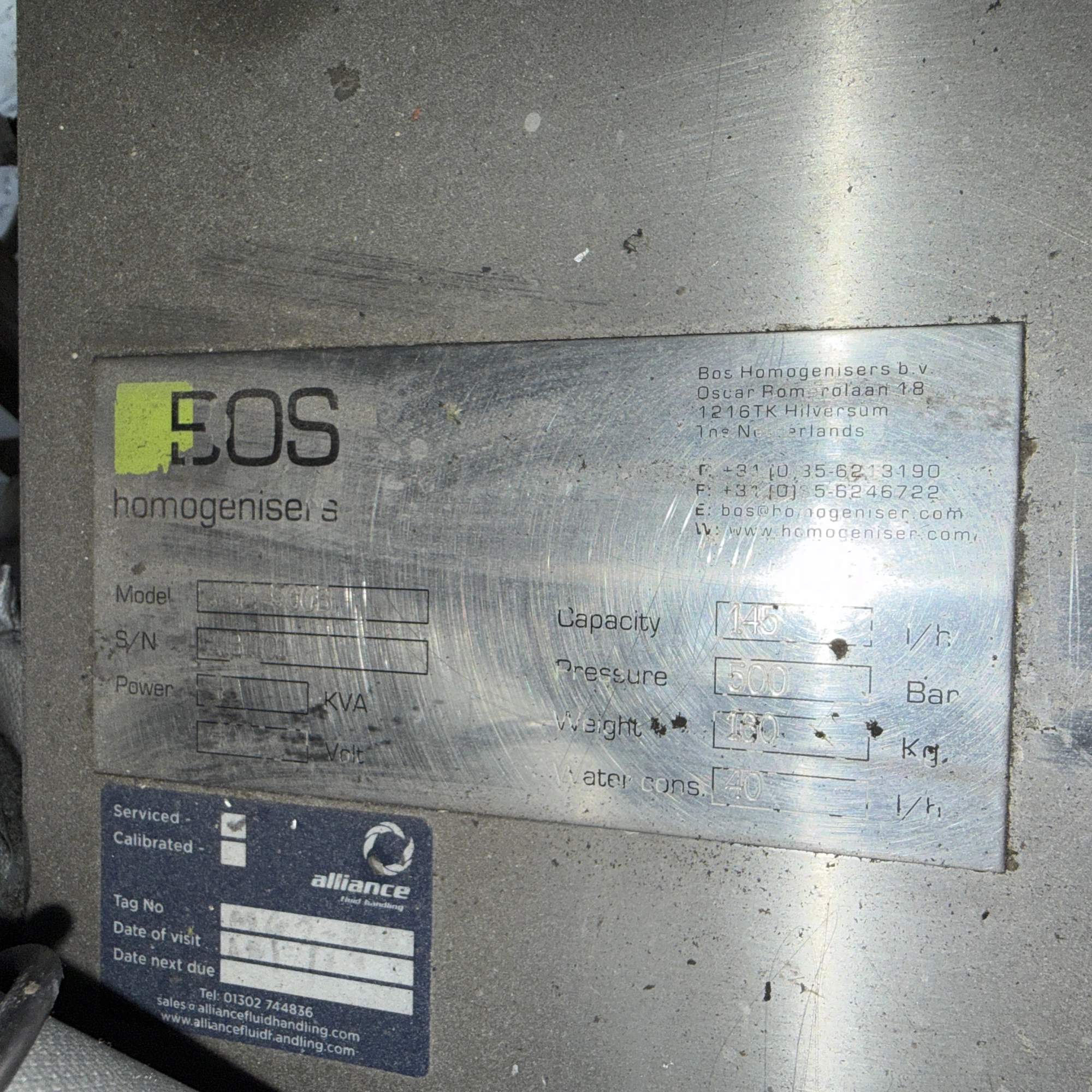 145 LPH @ 500 Bar Bos Homogeniser Type MOG 500B