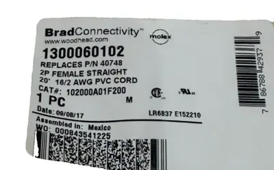 NEW LOT OF 2 MOLEX WOODHEAD 102000A01F200 PVC CORD 2P/FEMALE