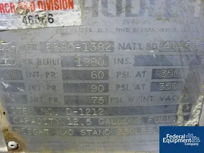 USED Pfaudler 10 Gal Pfaudler Reactor, 316L S/S, 60/90#