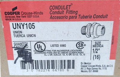 NEW (Box Of 20) EATON CROUSE HINDS UNY105 EXPLOSION PROOF 1/2” UNION
