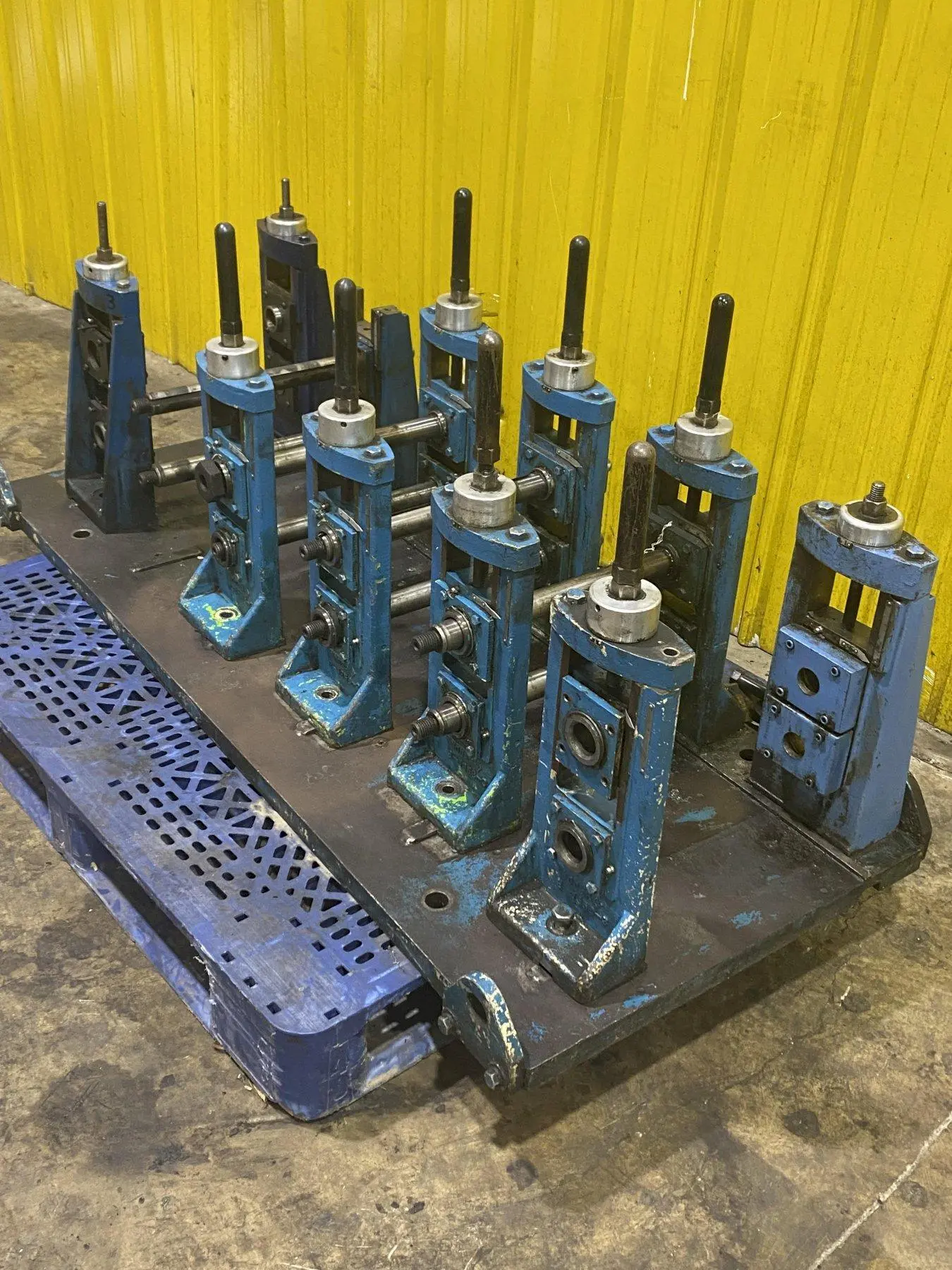 4 STAND X 1.5" X 11" YODER ROLLFORMER STANDS ON 6 STAND RAFTED BASE: STOCK #16781