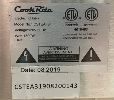 72-0353 Cook Rite CSTEA-3 3 Open Well Electric Steam Table
