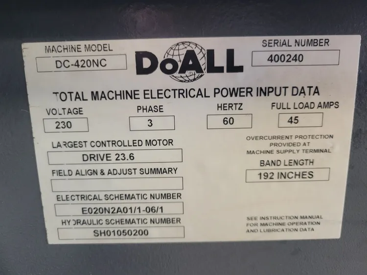 Used 2018 DOALL DC-420NC Horizontal Band Saws Illinois US | Myers Technology Co., LLC #1413397