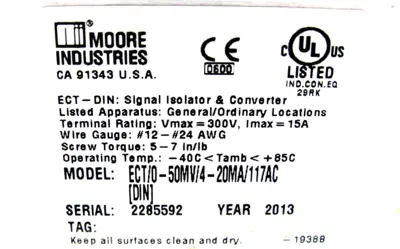 NEW MOORE INDUSTRIES ECT/0-50MV/4-20MA/117AC ISOLATOR ECT050MV420MA117AC