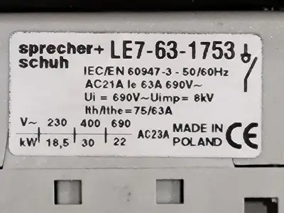 New | in-Stock SPRECHER + SCHUH LE7-63-1753 Switchgears British Columbia CA | Lenmark #238607