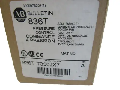 ALLEN BRADLEY 836T-T350JX7 PRESSURE CONTROLS 836TT350JX7 SER. A NEW, SURPLUS