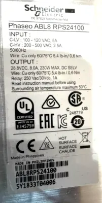 NEW SCHNEIDER ELECTRIC ABL8RPS24100 PHASEO UNIVERSAL POWER SUPPLY 24VDC 10A