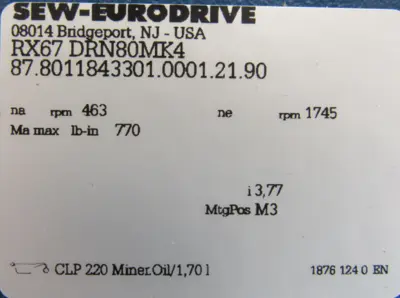 NEW SEW EURODRIVE RX67 DRN80MK4 GEARMOTOR 230/460V RX67DRN80MK4
