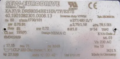 USED SEW EURODRIVE KA37/R DRS80S4BE1HR/TF/ES7S GEARMOTOR KA37RDRS80S4BE1HRTFES7S