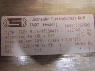 J.Schneider GmbH ELES 2.0B-950504T5 Transformer 1700VA 230/480V Pri 115V Sec