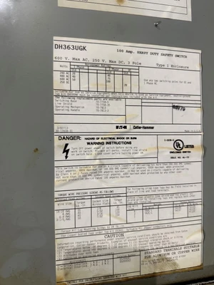 EATON DH363UGK 100AMP SAFETY SWITCH DISCONNEC