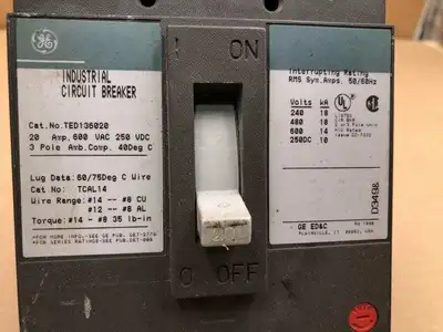 GE General Electric TED136020 20A 3 Pole Circuit Breaker 600VAC 250VDC