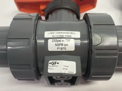 USED GEORG FISCHER TYP 546 PRO BALL VALVE PVC-U, 1" SOCKET ENDS, TO RT ANGLE ADAPTER
