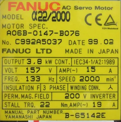NEW FANUC A06B-0147-B076 SERVO MOTOR 22/2000 A06B0147B076