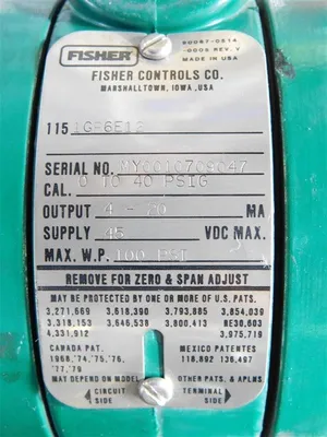 Fisher 1151GP6E12 Pressure Transmitter 100 PSI Max. 45VDC Supply Used