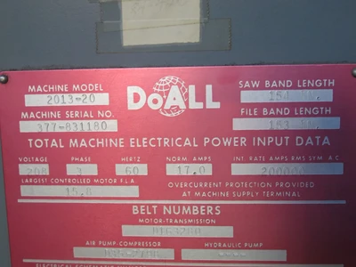DOALL 2013-20 ELECTRONIC VARIABLE SPEED VERTICAL BANDSAW