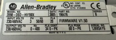 USED ALLEN BRADLEY 2098-DSD-HV150X ULTRA 3000i SERVO DRIVE SER. B 2098DSDHV150