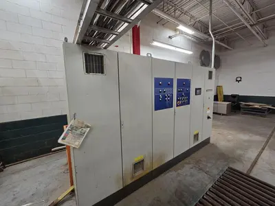 WEMHONER 5’ x 10’ SINGLE-OPENING SHORT-CYCLE FEED-THROUGH HOT PRESS WITH AUTOMATIC MATERIAL MEASURING/PRESSURE SYSTEM
