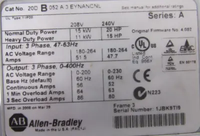 USED ALLEN BRADLEY 20DB052A3EYNANCNL POWERFLEX 700S 20HP