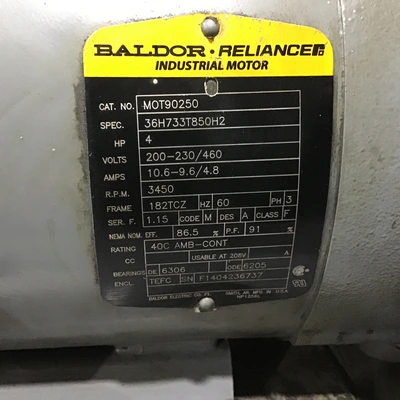 Spencer VB030B-011 Vortex Blower Max Operating Amps 4.7 @460Volts with Baldor Motor