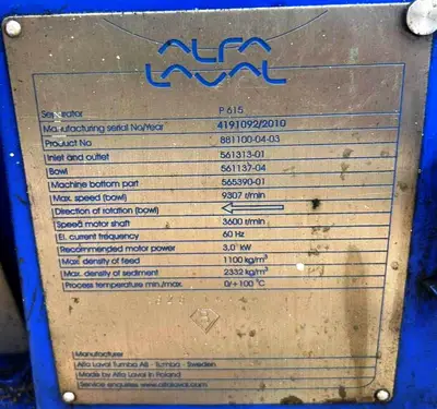 Alfa-Laval P-615 fuel/lube oil purifier, 316SS.