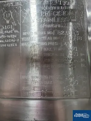 USED Precision 150 Liter Precision Stainless Reactor, 316L, 45/100#