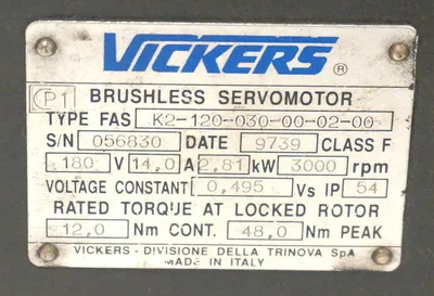 USED VICKERS FAS-K2-120-030-00-02-00 BRUSHLESS SERVO MOTOR 3000 RPM