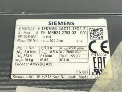 USED SIEMENS SIMOTICS S-1FK7 SERVO GEARED MOTOR, COMPACT 2000RPM