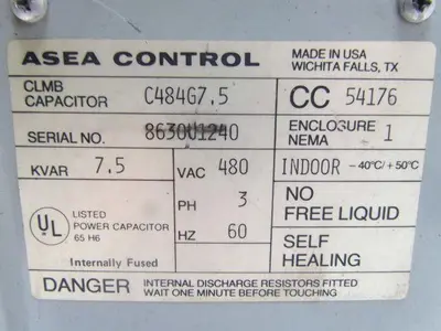 Asea Control C484G7.5 Capacitor 480Vac 3ph 60Hz NEMA type 1 7.5KVAR
