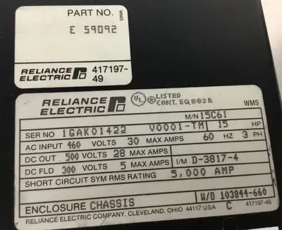 RELIANCE ELECTRIC P/N 801429-1SB V*S POWER MODULE M/N 15C61 P/N E 59092 1E
