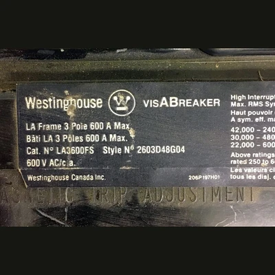 Westinghouse 3 Pole 600 Amp LA Frame Breaker