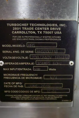 2019 TURBO CHEF SINGLE BATCH ELECTRIC COUNTERTOP OVEN MODEL HHS