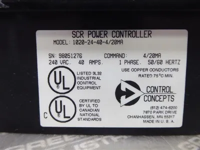 Control Concepts 1020-24-40-4/20MA SCR Power Controller 240VAC 40A Used