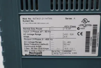 ROCKWELL AUTOMATION 9VT401-011HTANNVTAC 9 HVAC DRIVE 7.5 HP #2232