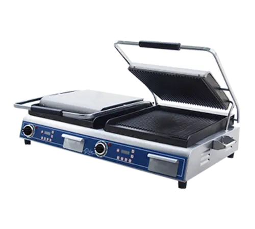 Globe GPGDUE14D Double Commercial Panini Press w/ Cast Iron Grooved Plates, 208-240v/1ph