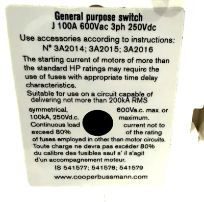 NEW BUSSMANN RDF100J-3 FUSIBLE DISCONNECT 100A 600V RDF100J3