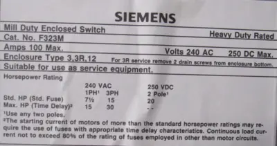 NEW SIEMENS F323M SAFETY SWITCH 100A 240VAC 3-POLE