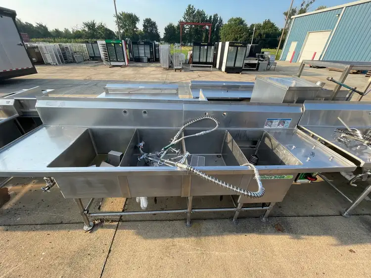Used Falcon Restaurant Supply Used 111" Stainless Steel 4 Compartment Sink with Produce Soak - SS225 Sinks Illinois US | Falcon Restaurant Supply #1375936