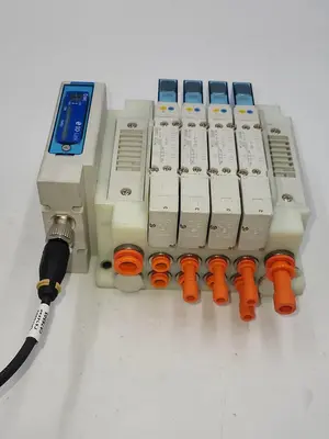Used SMC SMC SY5-IOL-0-N74RI W/ 4 SOLENOIDS SY5400 / ONE: EX260-SIL1 SERIAL TRANSMISSION SYSTEM Parts (Hydraulics and Pneumatics) | ND Industrial Surplus #1211510