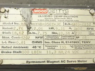 Elwood M444-HYNB-050Y-3C AC Servo Motor 3800RPM 2.76HP 3PH IP66