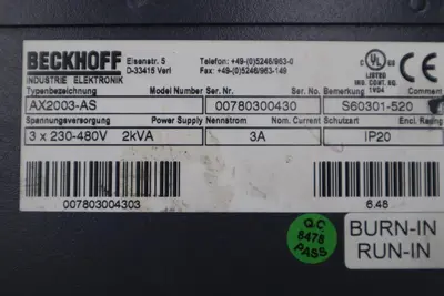 Beckhoff AX2003-AS S60301-520 Digital Compact Servo Drive Amplifier STK 3442-D