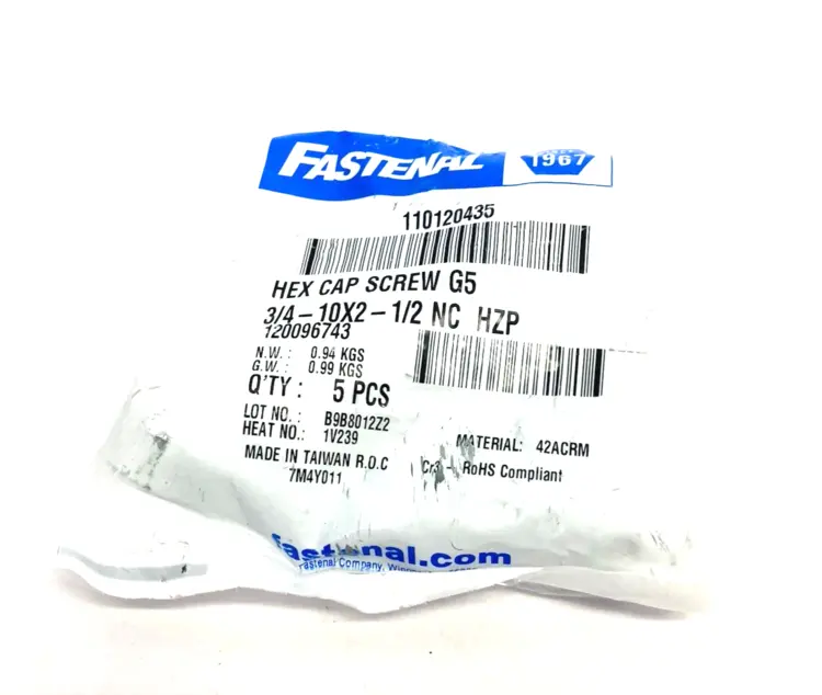 New | in-Stock Fastenal Hex Cap Screw Grade 5, 3/4" - 10 x 2-1/2" Zinc Finish 5-PACK Bolts Michigan US | Maverick Industrial Sales #1496056