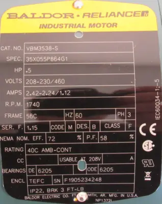 NEW BALDOR VBM3538-S MOTOR .5HP 208-230/460V 56C 1740RPM