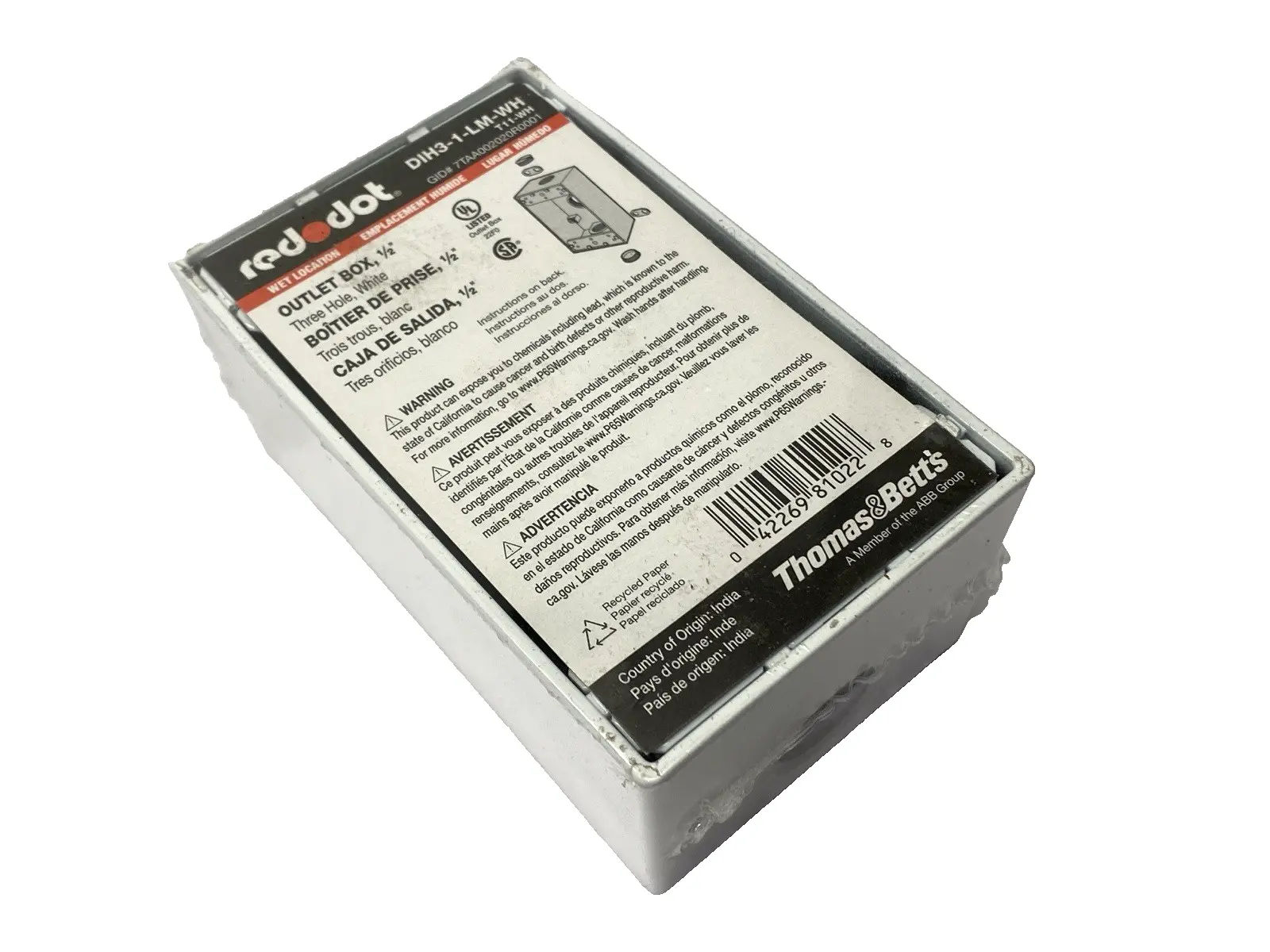 NEW THOMAS & BETTS WHITE OUTLET BOX THREE HOLE 1/2"