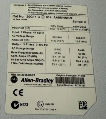 USED 20G11GD014AA0NNNNN POWERFLEX 755 SER. A 10HP