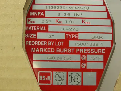 BS&B Safety Systems 1136239; VD-V-18 Rupture Disk 2" Type SKR 140 PSIG @ 72°F